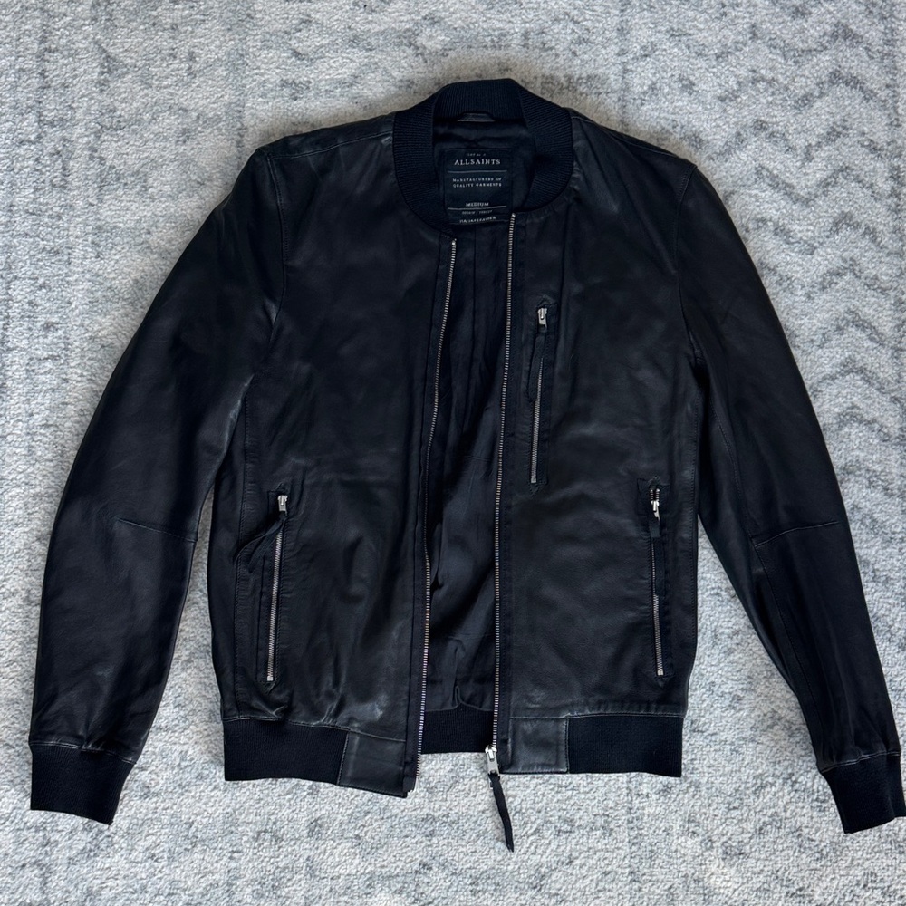 AllSaints Black Leather Bomber Jacket - 100% Lamb leather, light and soft